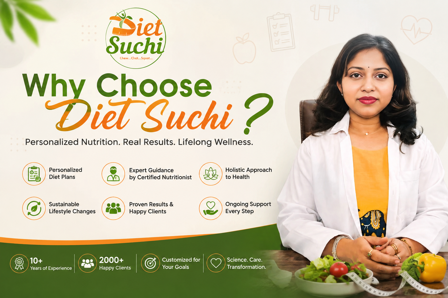 Diet Suchi nutrition banner featuring a woman nutritionist, healthy foods, and personalized diet and wellness services.